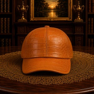 Op de afbeelding: Bruine baseballcap van leer met een krokodillenpatroon. De cap heeft een gebogen klep en ligt op een donkere houten tafel met een decoratief kleedje. De cap is lichtbruin van kleur.
