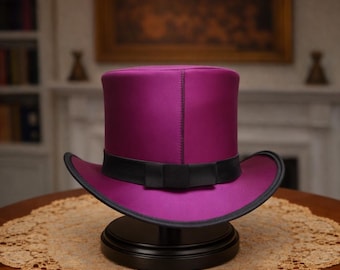 Chapeau haut de forme en satin rose pour homme Chapeau de fête victorien steampunk magicien