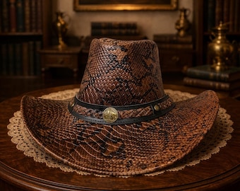 Peut inclure: Un chapeau de cowboy à motif peau de serpent marron et noir avec un large bord et une calotte haute. Le chapeau est orné d'une bande en cuir noir comprenant une texture tressée et un emblème central circulaire en métal doré.