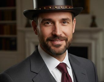 Peut inclure: Un homme portant un chapeau haut de forme noir avec une bande en cuir marron et des rivets dorés. Il porte un costume gris foncé, une chemise blanche et une cravate bordeaux. Le fond comprend une cheminée et une bibliothèque.