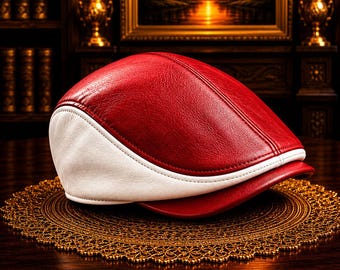 Red and White Leather Newsboy Cap Handmade Gatsby Flat Cap