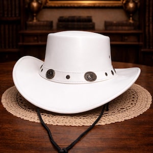 Handgemaakte witte leren cowboyhoed Victoriaanse western ranchstijl