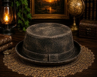 Handmade Distressed Leather Bowler Hat Vintage Derby Hat