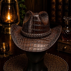May include: A dark brown cowboy hat featuring a textured crocodile skin pattern across the entire surface. The hat includes a braided band encircling the base of the crown and a wide, curved brim that slopes downward at the front and back sides.
