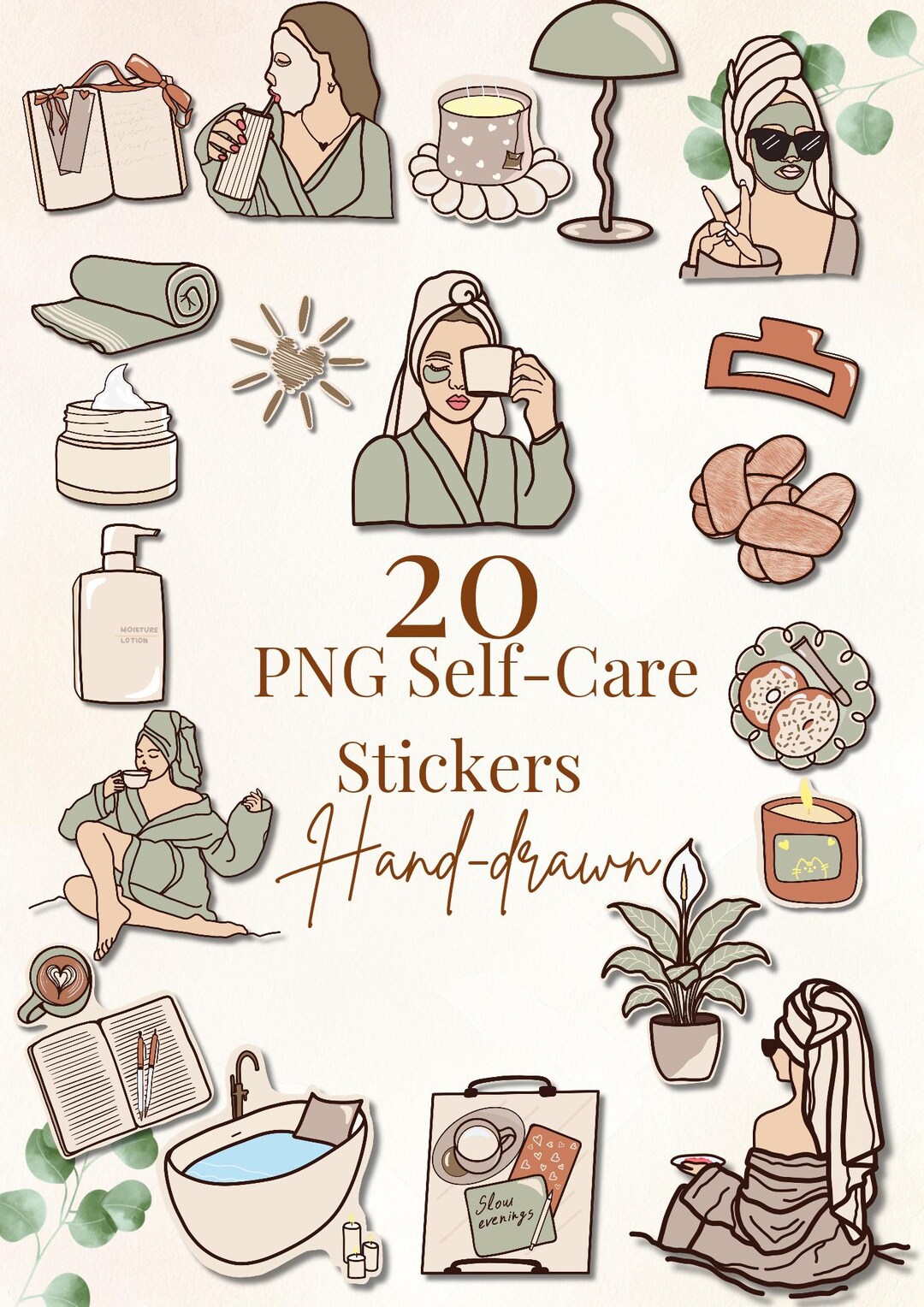 20 PNG Self Care Stickers | Hand Drawn Neutral Aesthetic | Digital ...