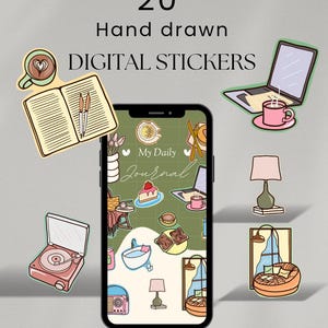 Puede incluir: Ilustración con 20 pegatinas digitales dibujadas a mano. Las pegatinas incluyen un portátil, una taza de café, un libro abierto, un tocadiscos y un smartphone que muestra un diario. El texto de la imagen dice "My Daily Journal".