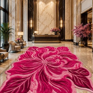 Handgjord iögonfallande matta | Modern designermatta | Lyxig matta med rosa blommor | Specialdesignad ullmatta | Vardagsrums- och lobbyinredning