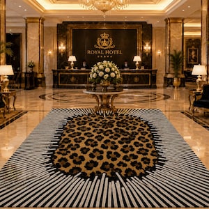 May include: A rectangular area rug featuring a central leopard print pattern in shades of brown and black, surrounded by a border of radiating black and white stripes. The rug is positioned on a polished marble floor in a hotel lobby.