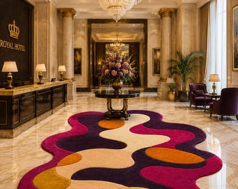 May include: An irregularly shaped area rug featuring a vibrant, abstract pattern of flowing, organic curves in deep purple, magenta, cream, mustard yellow, and burnt orange, displayed on a polished marble floor in a hotel lobby setting.