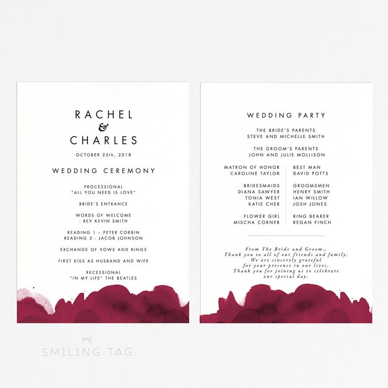 Letter or A4 Size Wedding Reception Program Fan Item code: P1046 Printable Wedding Program Printable- Modern Burgundy Wedding Program