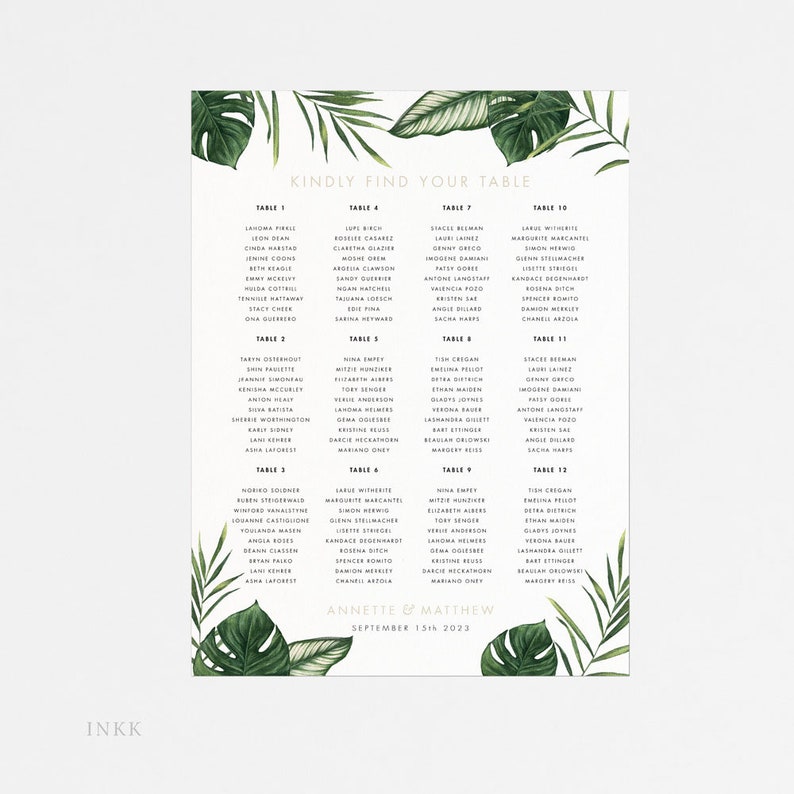 Modern Tropical Foliage Wedding Seat Chart Wedding Seating Chart Item code: P1123 Printable Seating Chart Poster Ready to Print PDF