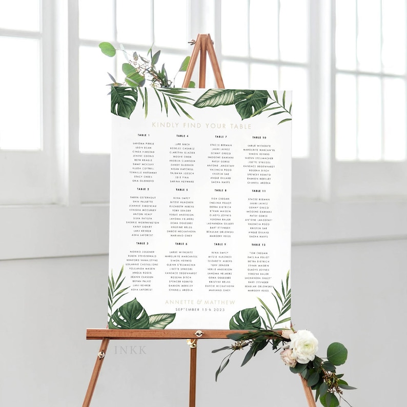 Modern Tropical Foliage Wedding Seat Chart Wedding Seating Chart Item code: P1123 Printable Seating Chart Poster Ready to Print PDF