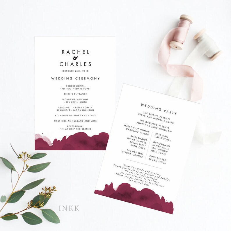 Letter or A4 Size Wedding Reception Program Fan Item code: P1046 Printable Wedding Program Printable- Modern Burgundy Wedding Program