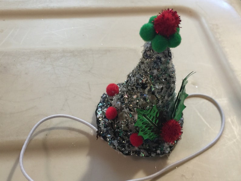 elf Cat hat glitzy Pom Pom Christmas dog American girl doll hand made glitter silver