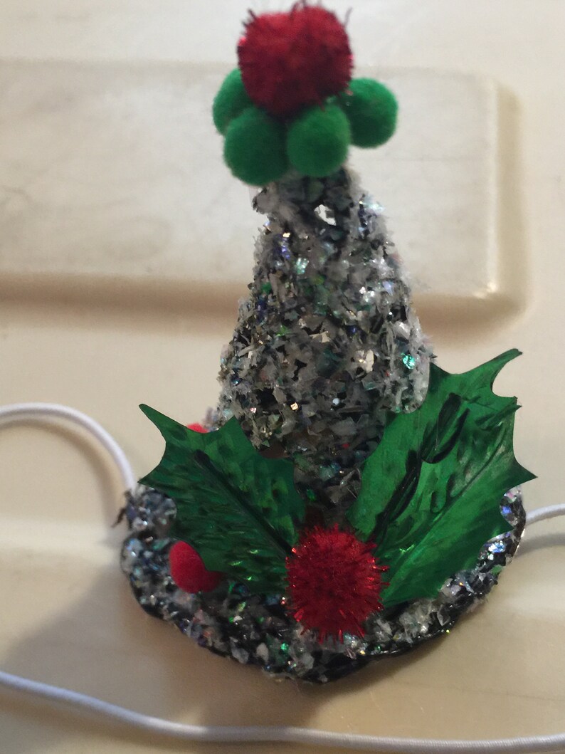 elf Cat hat glitzy Pom Pom Christmas dog American girl doll hand made glitter silver