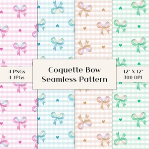 Pode incluir: Um design de padrão digital sem costura com laços e corações em um fundo xadrez. A imagem inclui o texto "Coquette Bow Seamless Pattern" e "12" X 12" 300 DPI". O padrão está disponível em rosa, azul, bege e verde.