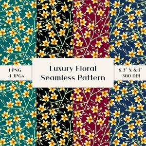 Pode incluir: Um design digital com um luxuoso padrão floral sem costura. O padrão inclui flores amarelas em galhos contra fundos verde-azulado, preto, bordô e azul marinho. A imagem tem 16 cm x 16 cm a 300 DPI. A imagem inclui 1 PNG e 4 JPGs.