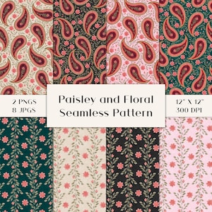 Pode incluir: Uma imagem de arte digital mostrando oito padrões sem costura. Os padrões apresentam desenhos paisley e florais em vários esquemas de cores, incluindo creme, preto, rosa e verde. A imagem inclui o texto "Paisley and Floral Seamless Pattern" e "12" X 12" 300 DPI".
