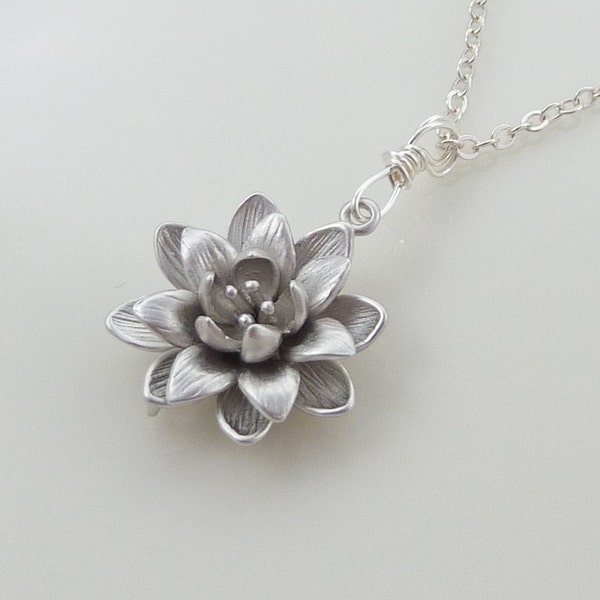 Silver lotus necklace, silver flower necklace