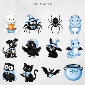 Cute Halloween character preview featuring a teddy bear, spiders, blue monster, skeleton puppy, crow, witch bunny, dragon, owl, black cat, bat, and blue cauldron