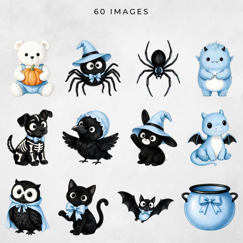 Cute Halloween character preview featuring a teddy bear, spiders, blue monster, skeleton puppy, crow, witch bunny, dragon, owl, black cat, bat, and blue cauldron