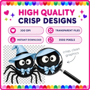 Product-quality graphic showing a black Halloween spider with a blue bow on a transparent background, magnified detail, and labels for 300 DPI, instant download, transparent files, and 3500 pixels.