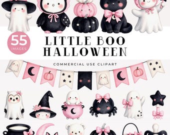 Paquete de imágenes prediseñadas de Halloween en acuarela rosa de Little Boo, fantasmas, murciélagos y calabazas para guardería (descarga digital)