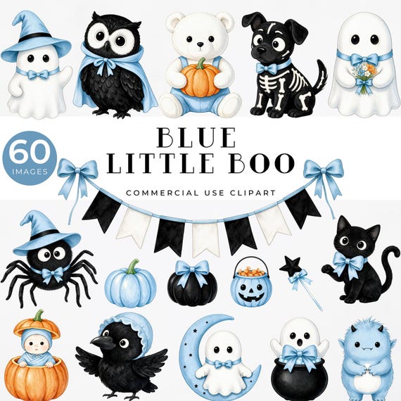 Blue Little Boo Halloween Clipart Bundle: Watercolor Ghosts, Pumpkins, Baby Graphics (Digital Download)
