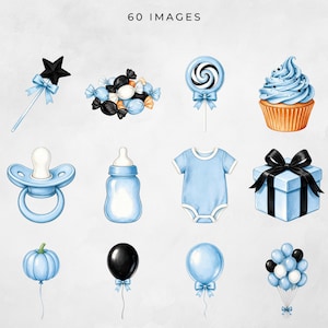 Halloween and baby shower clipart preview featuring a magic wand, wrapped candy, lollipop, cupcake, blue pacifier, baby bottle, bodysuit, gift box, pumpkins, and blue, black, and white balloons.