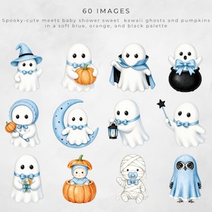 Watercolor Halloween clipart preview showing cute blue and white ghosts dressed as a witch and vampire, holding a pumpkin, lantern, wand, flowers, and appearing in a cauldron, with a pumpkin baby, mummy baby, and owl.