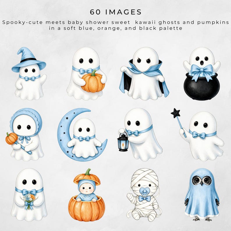 Watercolor Halloween clipart preview showing cute blue and white ghosts dressed as a witch and vampire, holding a pumpkin, lantern, wand, flowers, and appearing in a cauldron, with a pumpkin baby, mummy baby, and owl.