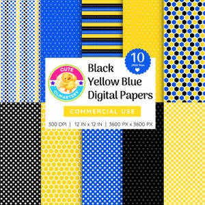 May include: A collection of digital papers in black, yellow, and blue with various patterns, including polka dots, stripes, and honeycomb designs. The papers are 12 x 12 inches and are for commercial use. The image includes the text "Black Yellow Blue Digital Papers".