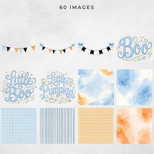 Coordinating Blue Little Boo collection showing Halloween bunting, Boo, Little Boo and Little Pumpkin word art, blue and orange watercolor backgrounds, gingham papers, and striped digital paper.