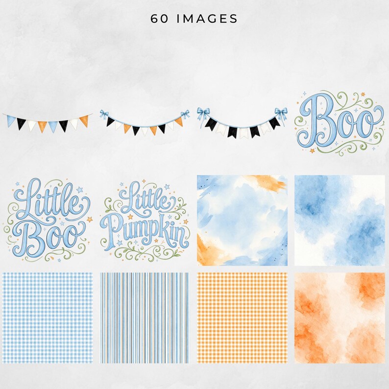 Coordinating Blue Little Boo collection showing Halloween bunting, Boo, Little Boo and Little Pumpkin word art, blue and orange watercolor backgrounds, gingham papers, and striped digital paper.