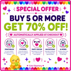 Etsy shop special-offer graphic advertising 70 percent off when purchasing five or more digital products, including clipart, printables, stickers, party graphics, and invitations.