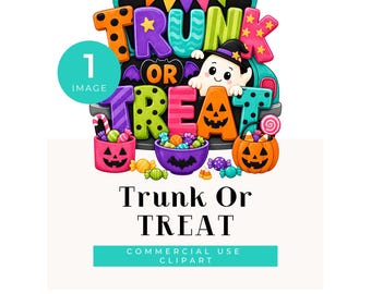 1 Clip art PNG de Trunk or Treat: Coche de Halloween estilo preppy, fantasma, caramelos y cubos de calabaza