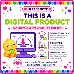 Digital-product notice explaining that no physical item will be shipped and purchased files are available for instant access through the buyer’s Etsy account.