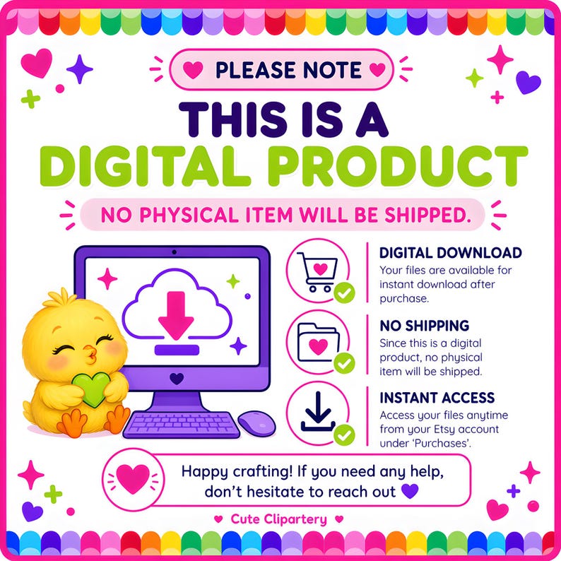 Digital-product notice explaining that no physical item will be shipped and purchased files are available for instant access through the buyer’s Etsy account.