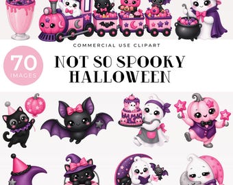 Paquete de imágenes prediseñadas rosas de Halloween, imágenes PNG de fantasmas, calabazas y murciélagos kawaii, incluye marcos y papeles digitales.