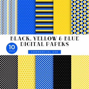 Preppy Black Yellow Blue Digital Papers – Polka Dots, Stripes, Gingham Patterns (Digital Download)