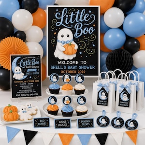 Little Boo baby shower party mockup featuring blue ghost artwork on an invitation, welcome sign, cupcakes, cookies, favor bags, tags, balloons, and coordinating Halloween decorations.