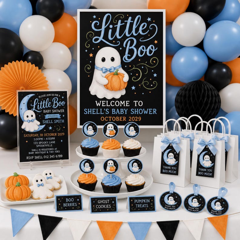 Little Boo baby shower party mockup featuring blue ghost artwork on an invitation, welcome sign, cupcakes, cookies, favor bags, tags, balloons, and coordinating Halloween decorations.