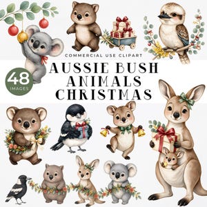 Puede incluir: Una colección digital de 48 ilustraciones de animales australianos con temática navideña que incluye koalas, un wombat, un kookaburra, una urraca y un canguro con su cría. El texto dice COMMERCIAL USE CLIPART AUSSIE BUSH ANIMALS CHRISTMAS.