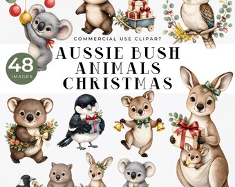 Imágenes prediseñadas navideñas australianas: Paquete de imágenes PNG en acuarela de animales del monte australiano, koala, canguro, wombat y cucaburra.