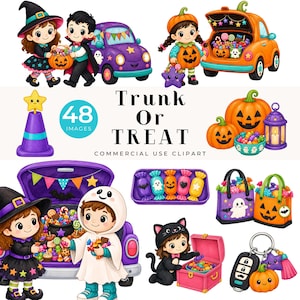 May include: A digital collection of 48 Halloween-themed clipart images featuring children in costumes, decorated cars, pumpkins, sweets, and gift bags. The text reads Trunk Or Treat Commercial Use Clipart. The illustrations include vibrant colours and festive motifs.