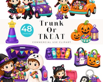 Imágenes prediseñadas de Halloween para la celebración "Truco o trato" en el maletero: Niños, dulces, coches (48 imágenes)