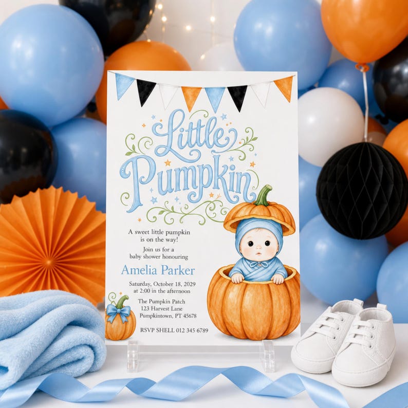 Little Pumpkin baby shower invitation mockup featuring a baby inside an orange pumpkin with blue, black, white, and orange balloons and decorations
