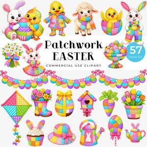 Conjunto de 57 imagens de Páscoa em patchwork: coelhinhos, pintinhos, cordeirinhos, ovos e ilustrações de primavera com papéis digitais.