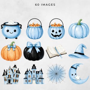 Halloween watercolor graphics featuring blue and orange pumpkins, candy buckets, cauldrons, spell book, witch hat, two blue haunted houses, spiderweb, and smiling crescent moon.