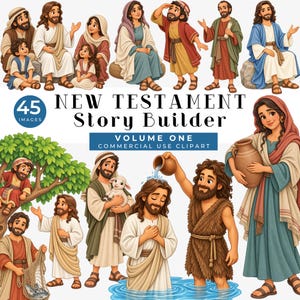 Pacchetto di 45 clipart PNG del Nuovo Testamento, personaggi delle storie bibliche, Gesù e discepoli, grafica per la scuola domenicale cristiana